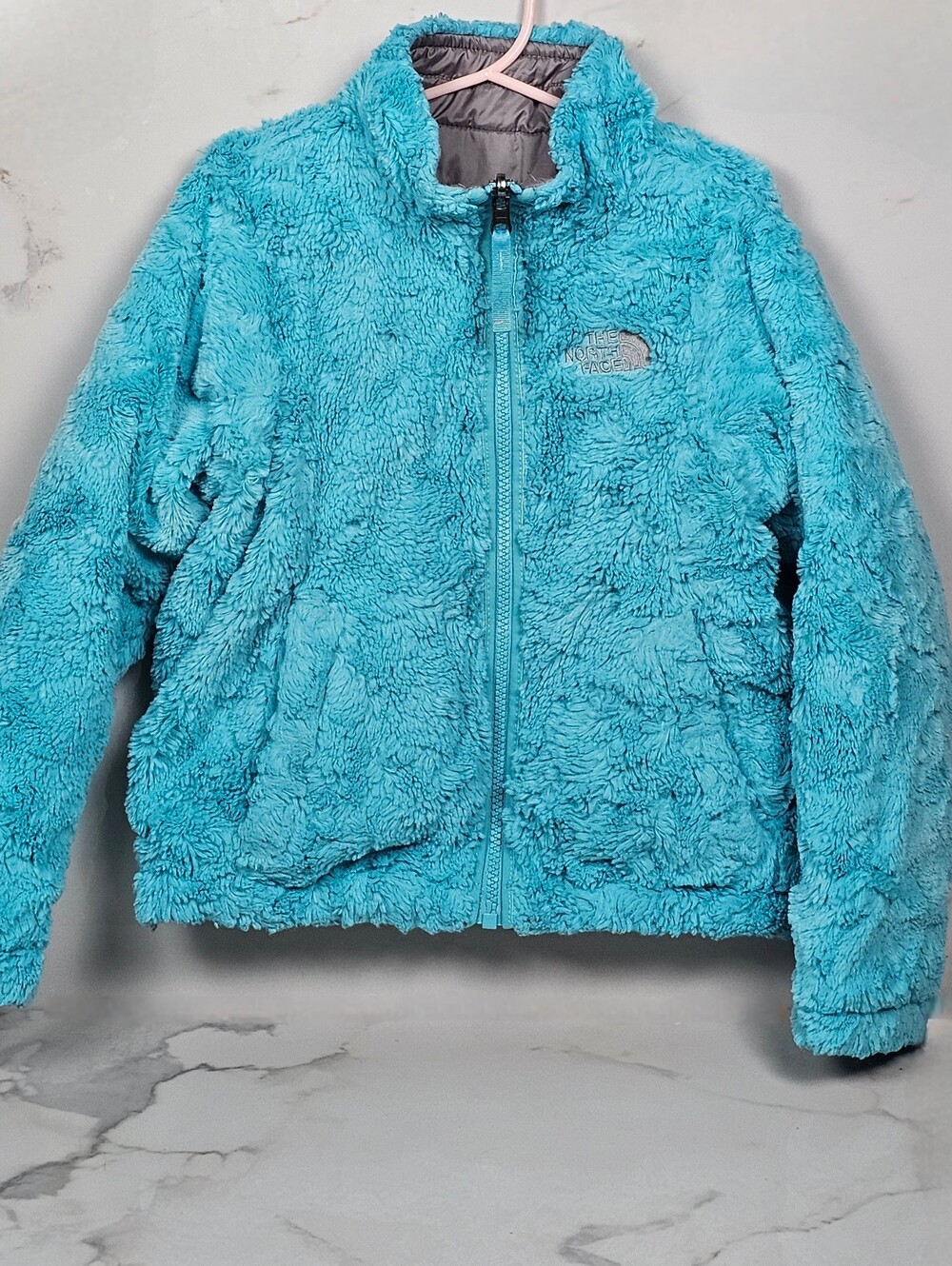The North Face Girls XXS (5) Reversible Mossbud Swirl Fleece Jacket Teal / Grey